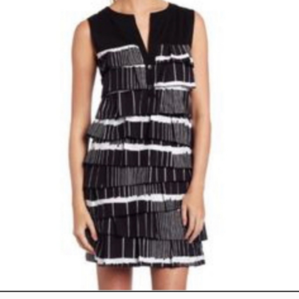 BCBG MaxAzria Medium Black And White Ruffle Tiered Diana Sleeveless Short Dress